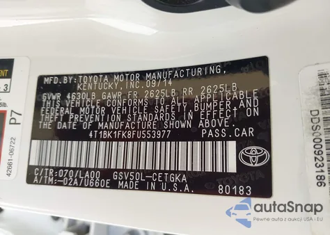 2015 Toyota Camry Xle V6 z USA, uszkodzony, nr VIN 4T1BK1FK8FU553977